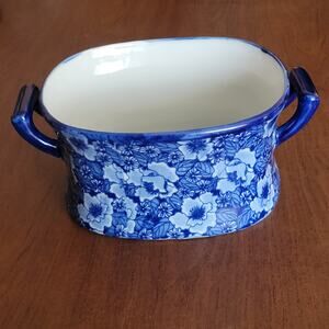 Vintage Seymour Blue China Porcelain bowl or planter blue  white floral design